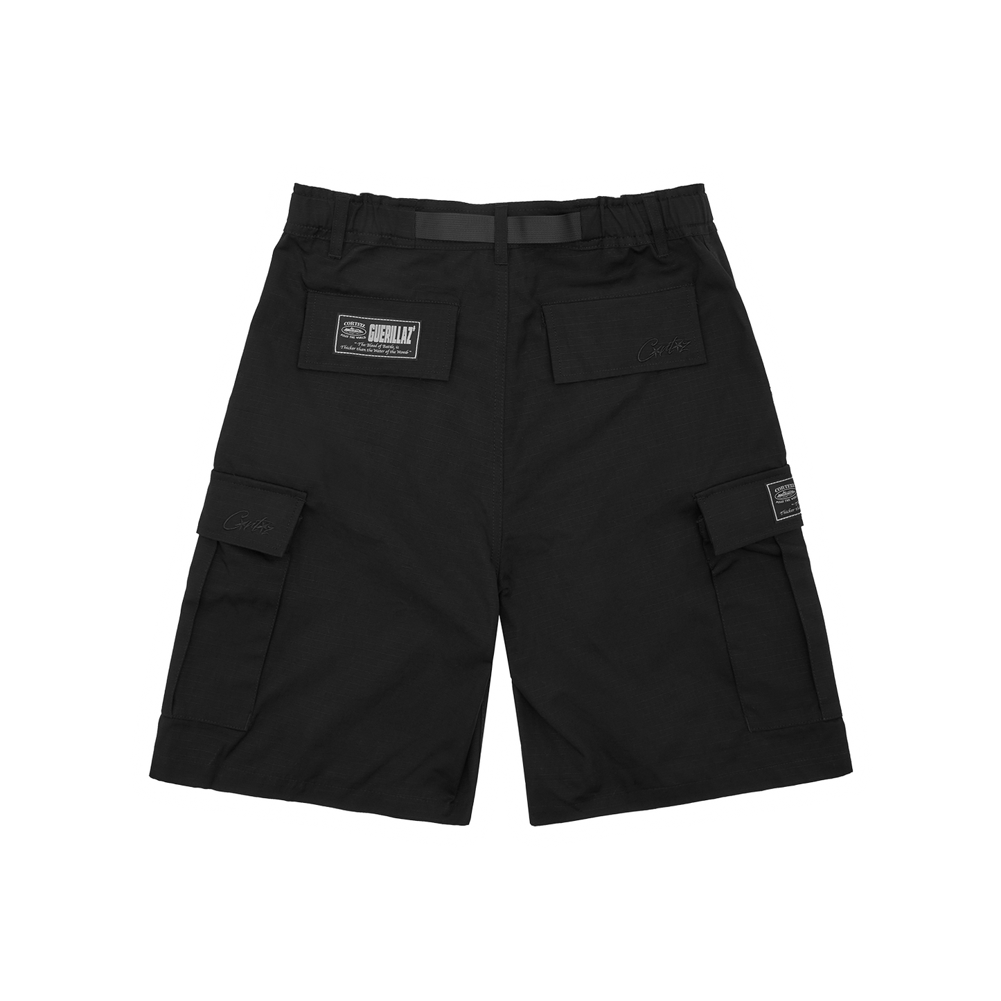 Corteiz Black Cotton Ripstop Alcatraz Cargo Shorts, Triple Black, close-up of Alcatraz logo screenprint on the crotch