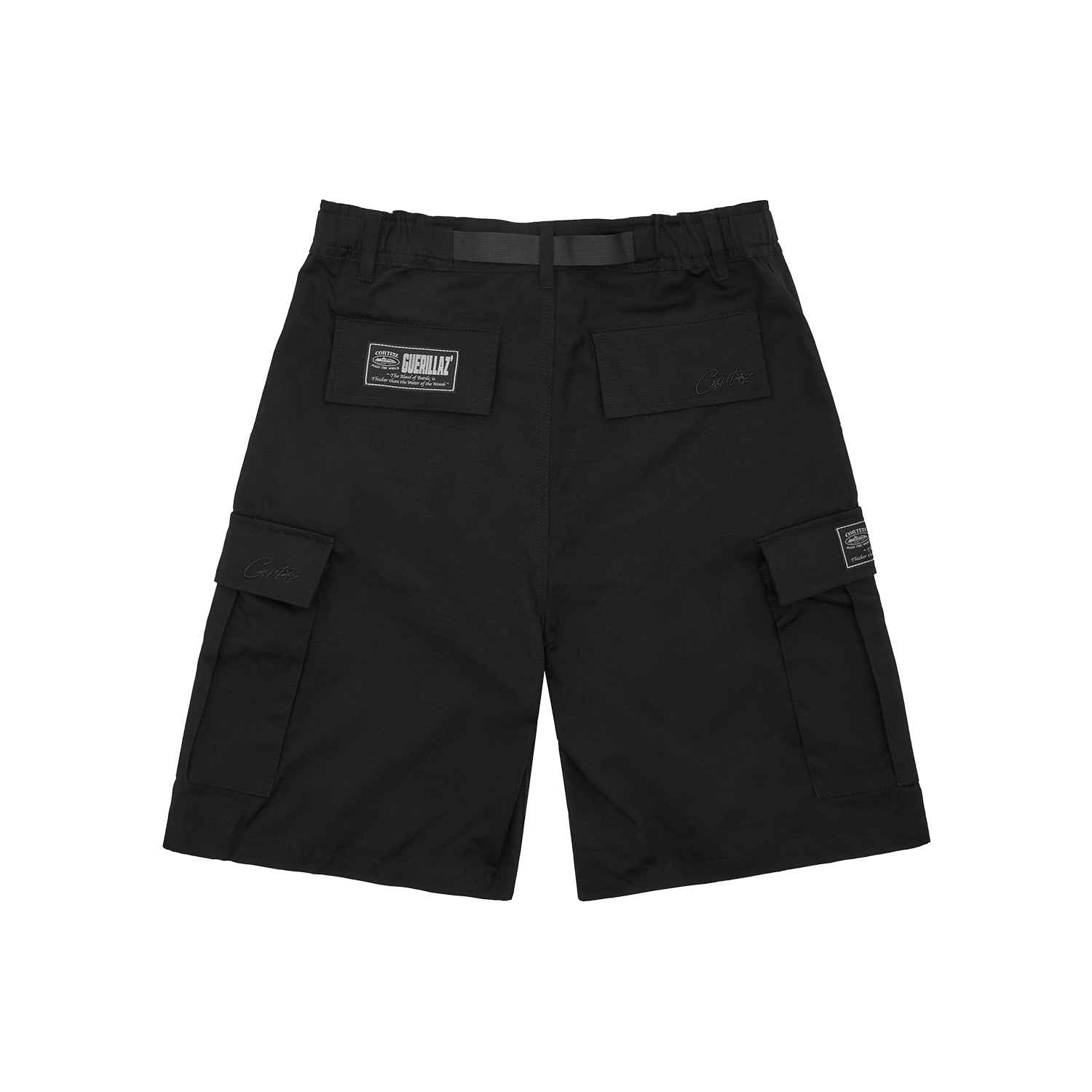 Corteiz Black Cotton Ripstop Alcatraz Cargo Shorts, Triple Black, close-up of Alcatraz logo screenprint on the crotch