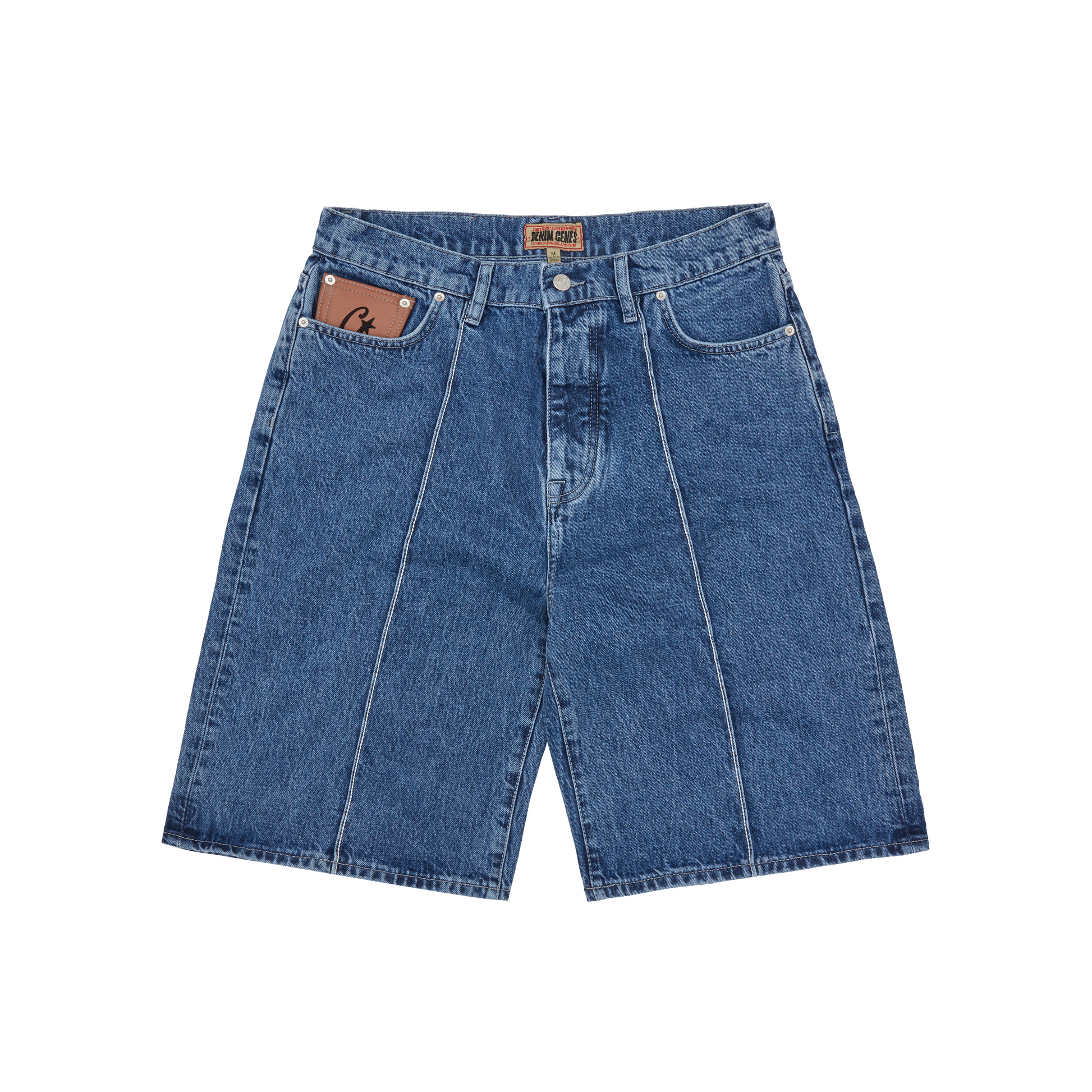 Corteiz Blue Cotton Denim Shorts, Washed Blue, back view showing embroidered rear pockets and leather patch