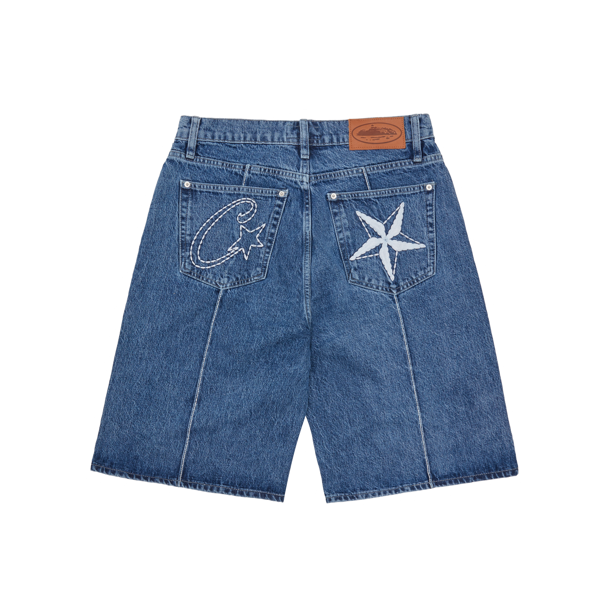 Corteiz Blue Cotton Denim Shorts, Washed Blue, front view showing baggy fit and denim wash