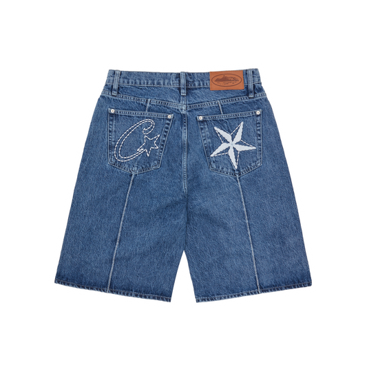 Corteiz Blue Cotton Denim Shorts, Washed Blue, front view showing baggy fit and denim wash
