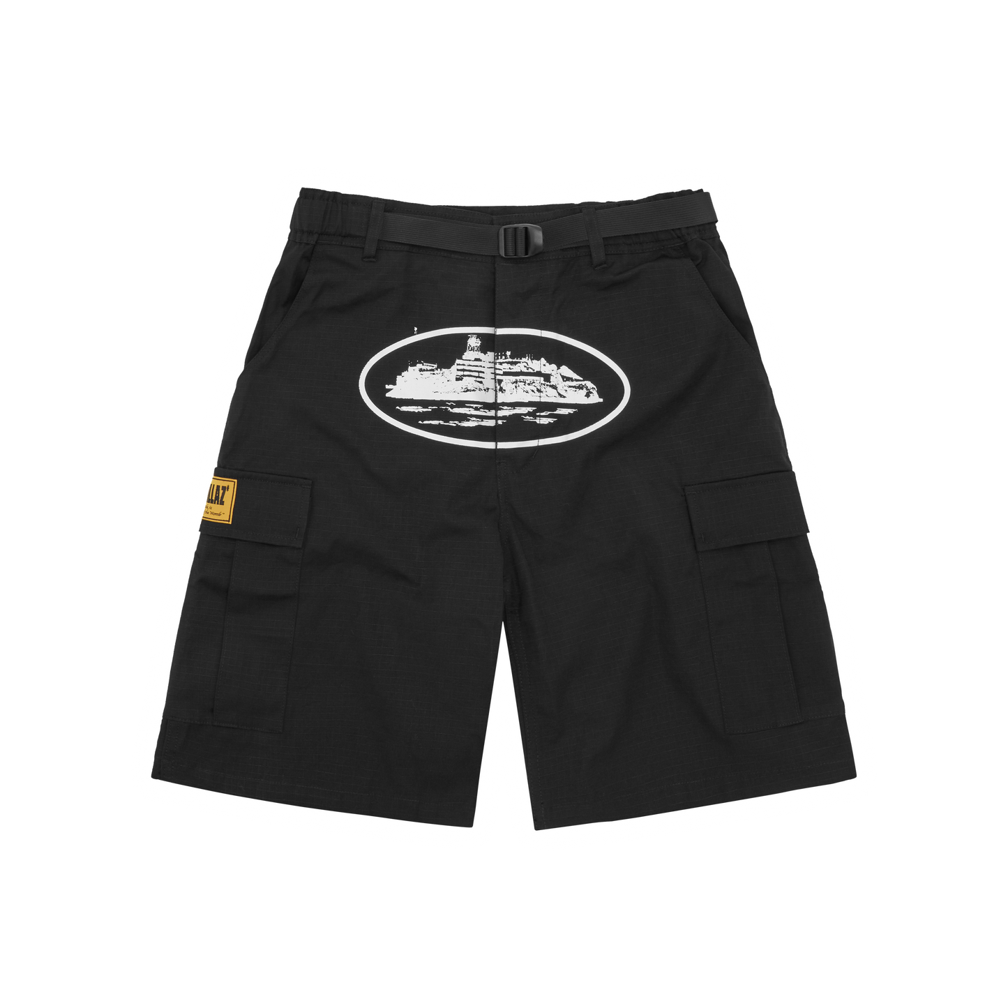 Corteiz Black Cotton Ripstop Alcatraz Cargo Shorts, front view showing straight leg fit and integrated belt