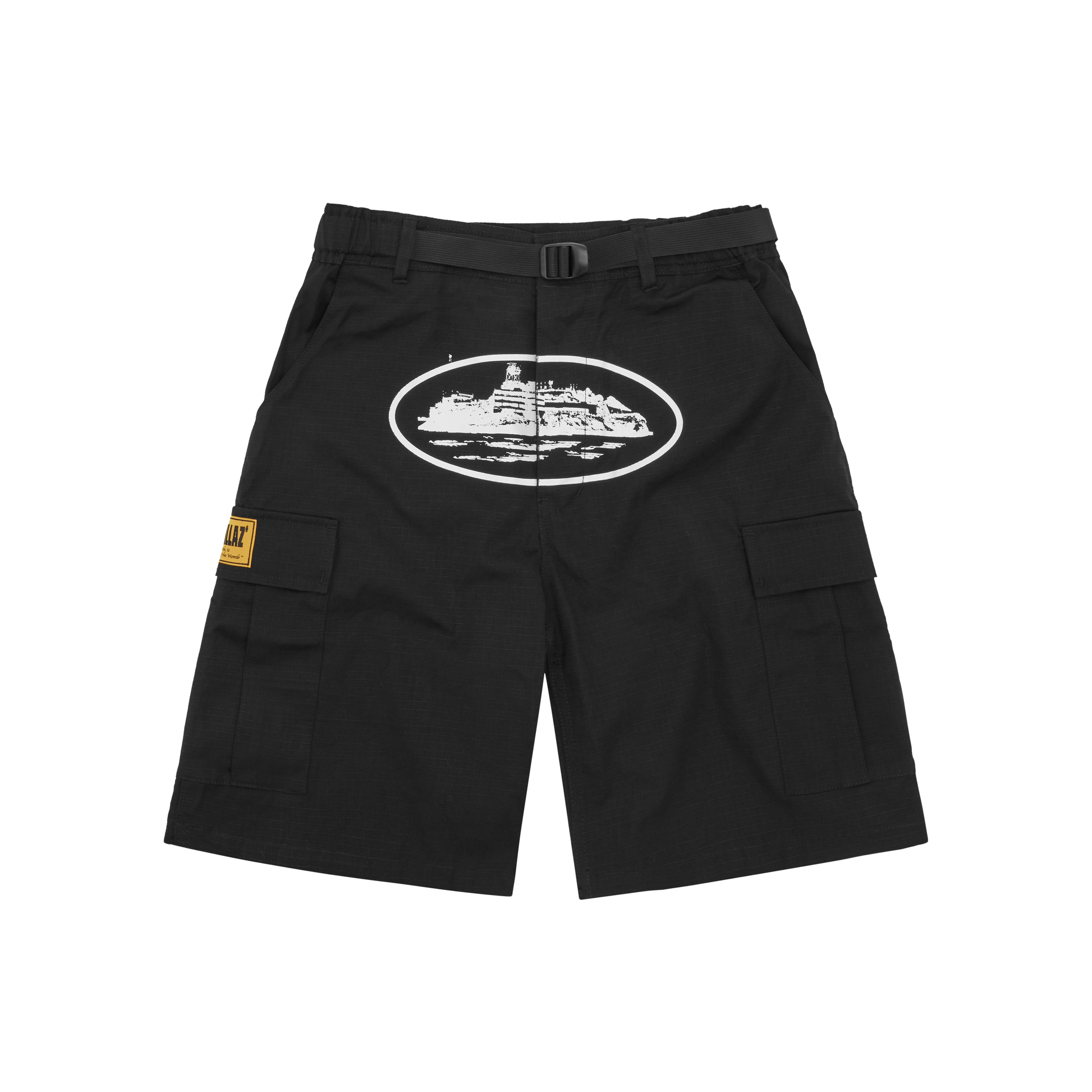 Corteiz Black Cotton Ripstop Alcatraz Cargo Shorts, front view showing straight leg fit and integrated belt