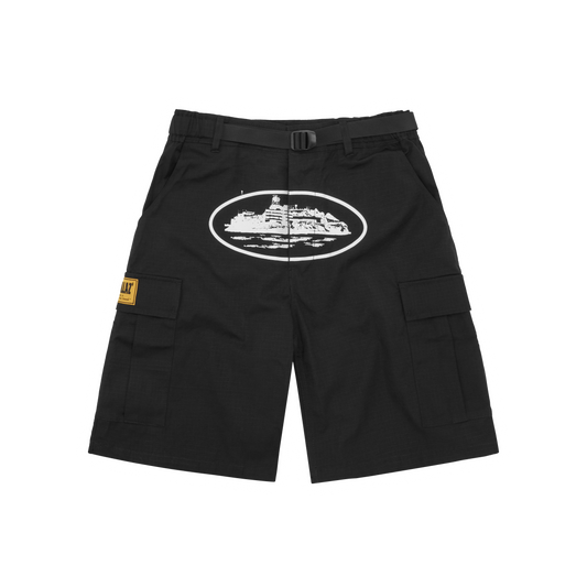 Corteiz Black Cotton Ripstop Alcatraz Cargo Shorts, front view showing straight leg fit and integrated belt