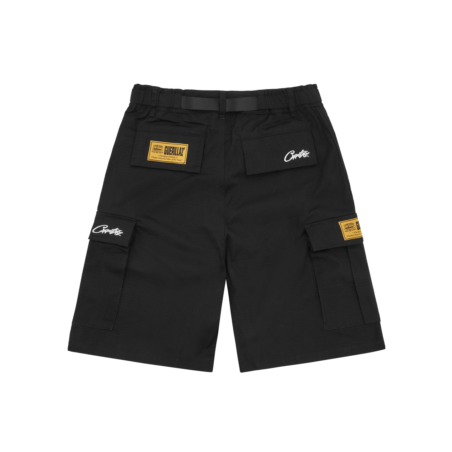Corteiz Black Cotton Ripstop Alcatraz Cargo Shorts, close-up of Alcatraz logo screenprint on the crotch