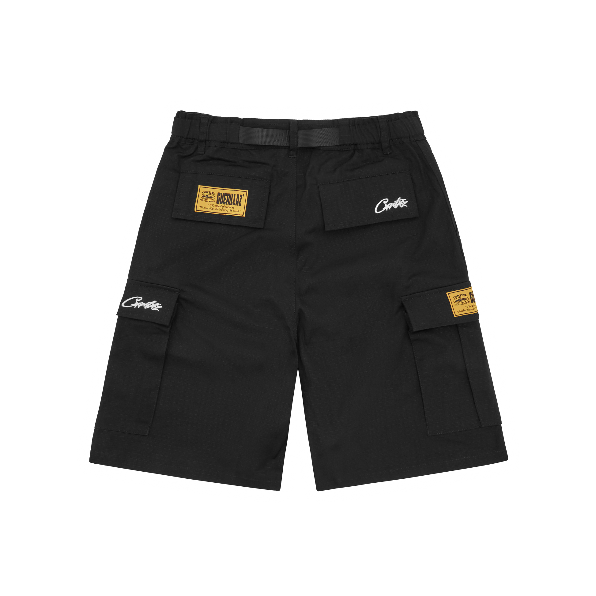 Corteiz Black Cotton Ripstop Alcatraz Cargo Shorts, close-up of Alcatraz logo screenprint on the crotch
