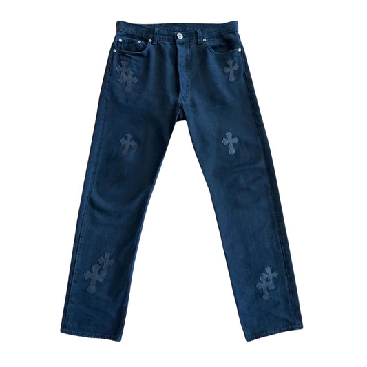 Chrome Hearts Blue Denim Jeans, Levi's collaboration with cross patch detailing on the back pocket