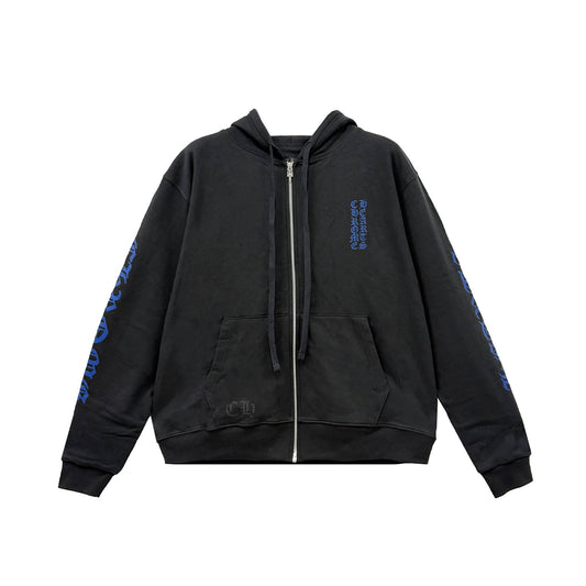 Chrome Hearts Blue Script Thermal Zip Up Hoodie, Black Thermal Cotton, Luxury Streetwear Front View.