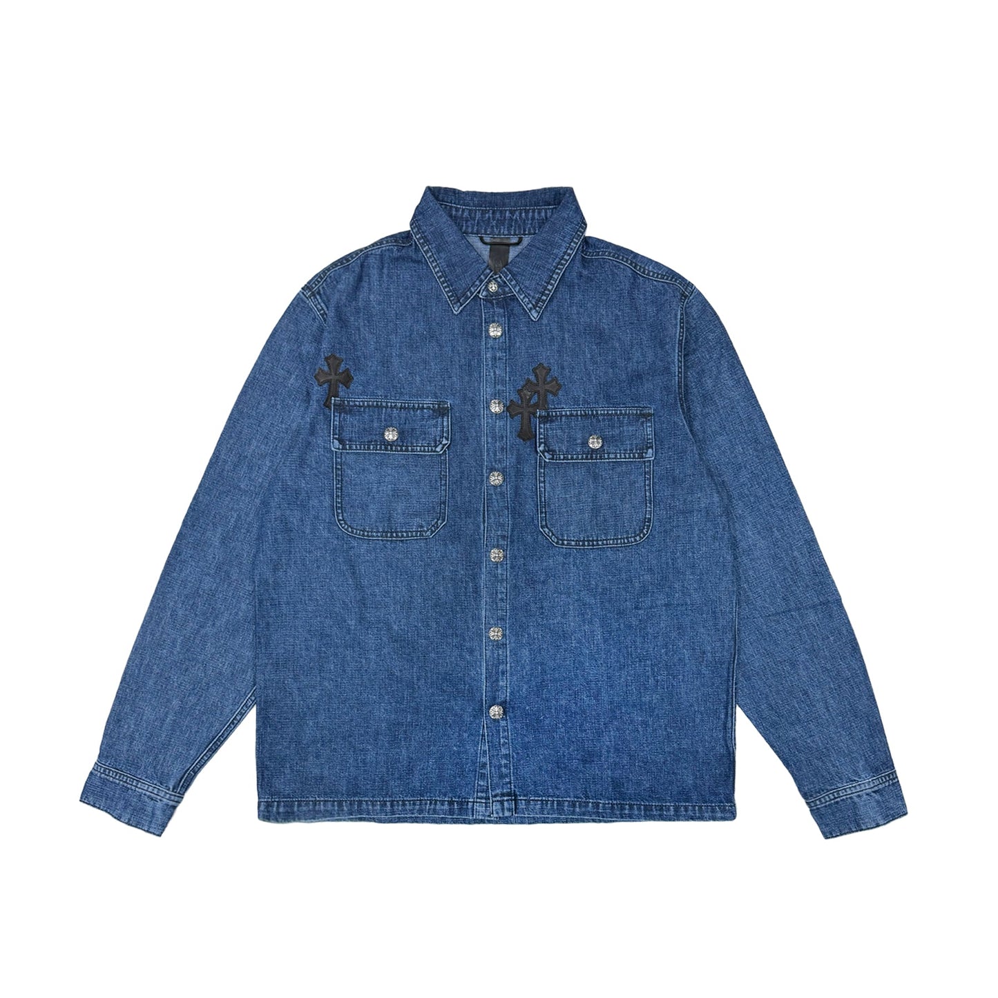 Chrome Hearts Denim Leather Cross Work Dog Shirt Jacket in Indigo Blue