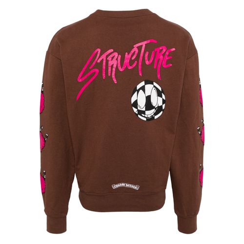 Chrome Hearts Matty Boy Structure Crewneck Sweatshirt Brown sweatshirt with pink 'STRUCTURE' text and checkered ball design on a white background
