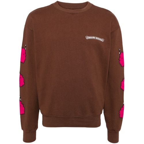 Chrome Hearts Matty Boy Structure Crewneck Sweatshirt Brown sweatshirt with pink floral patterns on sleeves and a visible brand logo.