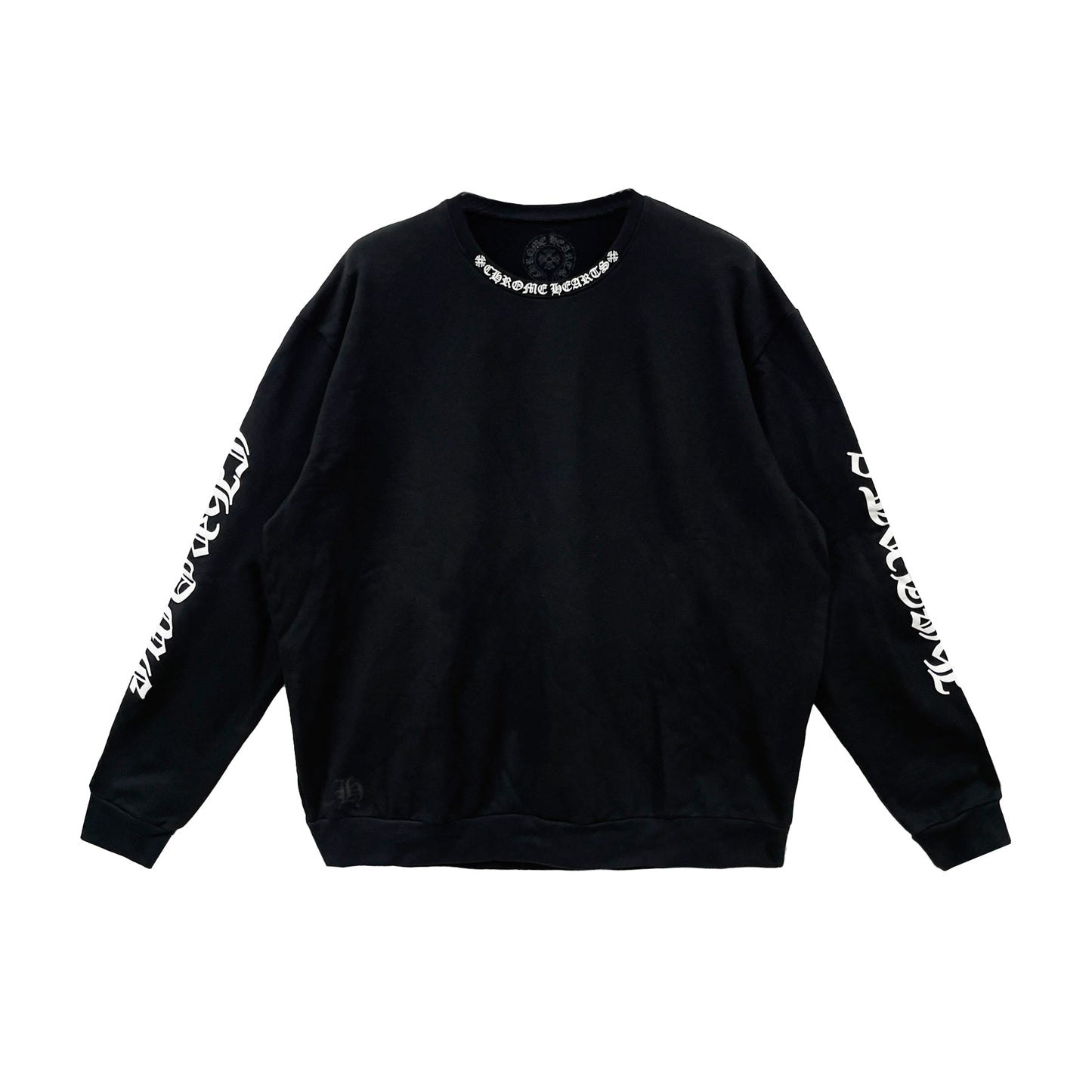Full front view of the Chrome Hearts Crewneck Pullover showcasing the Neck Script logo and White Script on the sleeves.