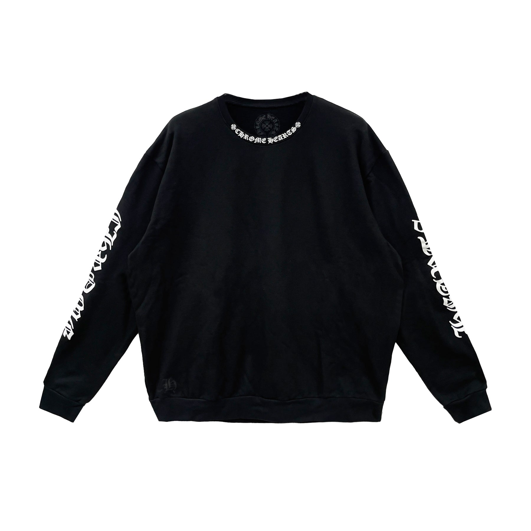 Full front view of the Chrome Hearts Crewneck Pullover showcasing the Neck Script logo and White Script on the sleeves.