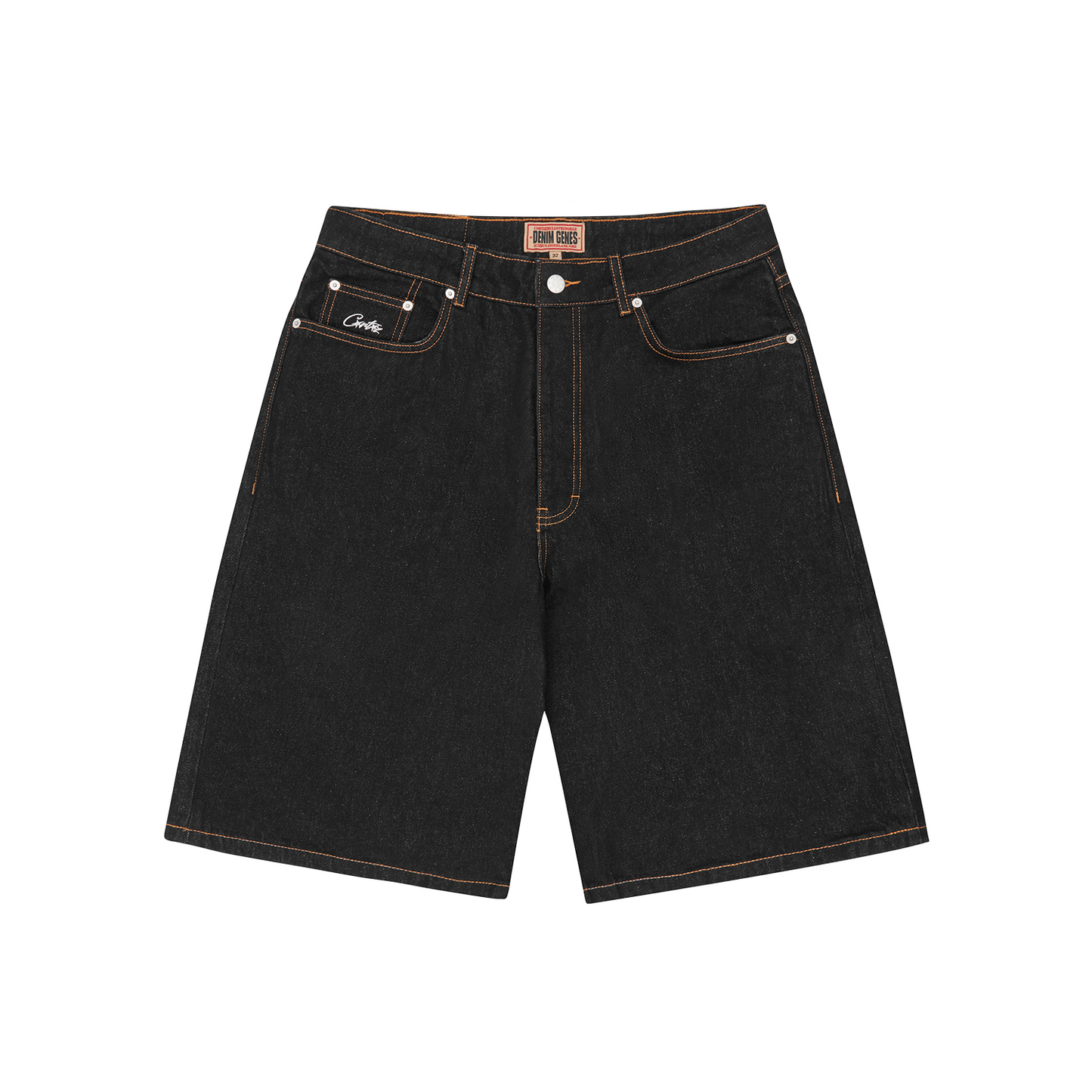 Corteiz Black Cotton Denim Shorts, Washed Black, back view showing dual stripe Alcatraz screen print on rear pocket