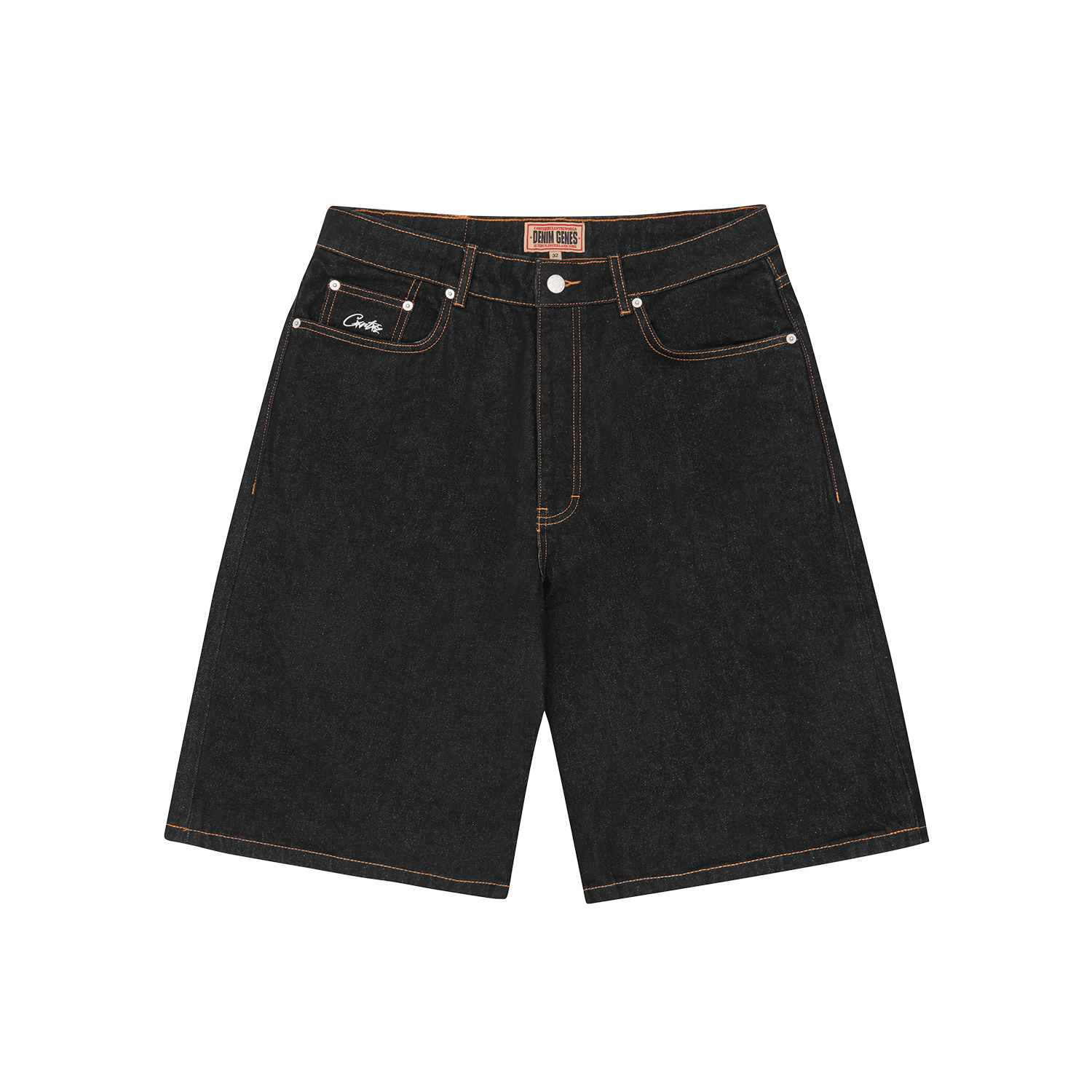 Corteiz Black Cotton Denim Shorts, Washed Black, back view showing dual stripe Alcatraz screen print on rear pocket