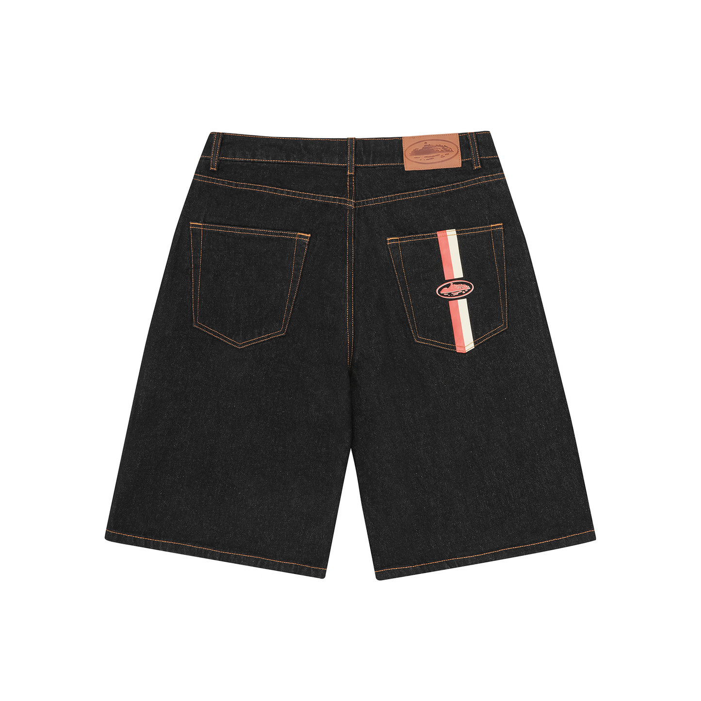 Corteiz Black Cotton Denim Shorts, Washed Black, front view showing straight leg fit and denim wash