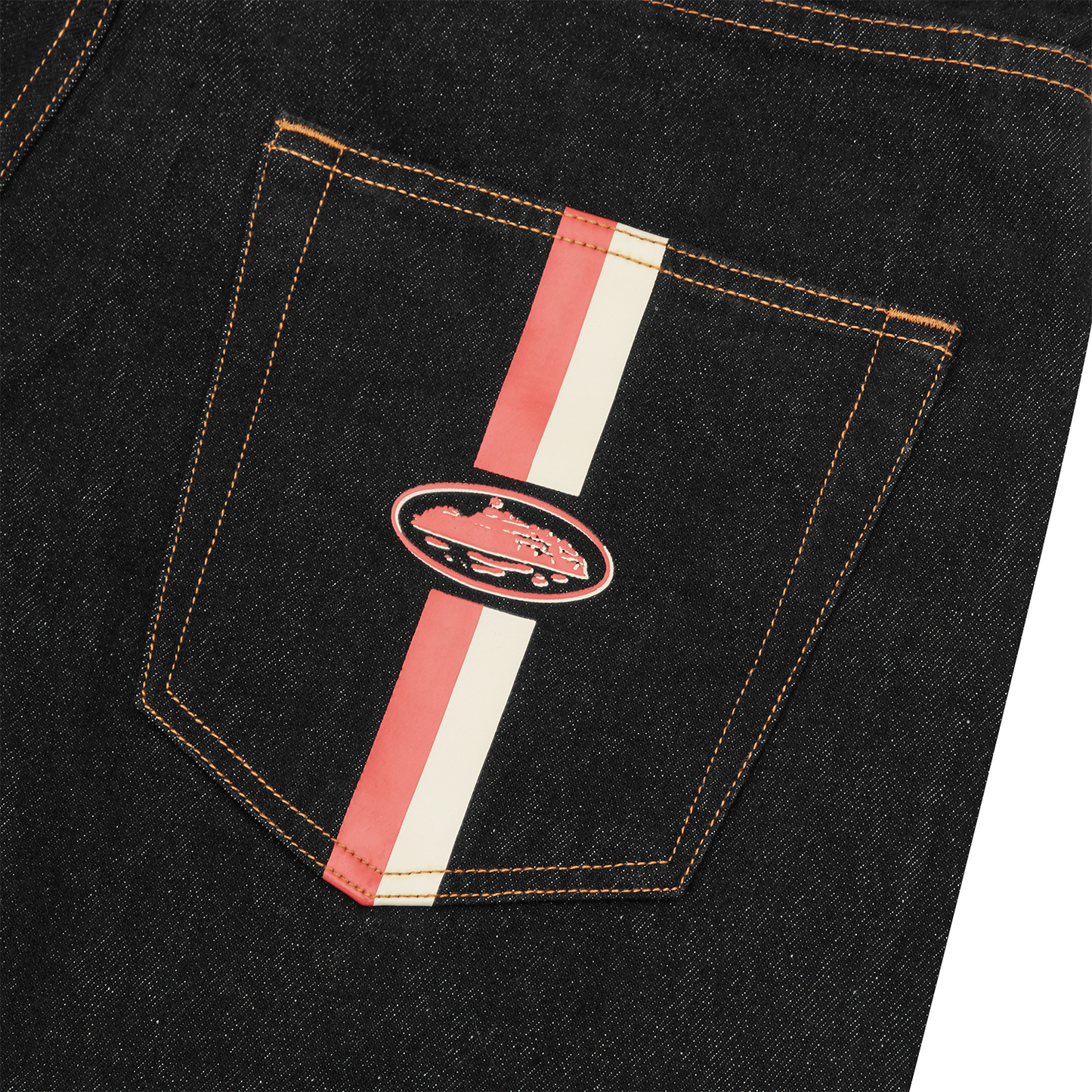 Corteiz Black Cotton Denim Shorts, Washed Black, close-up of leather patch and coin pocket detail