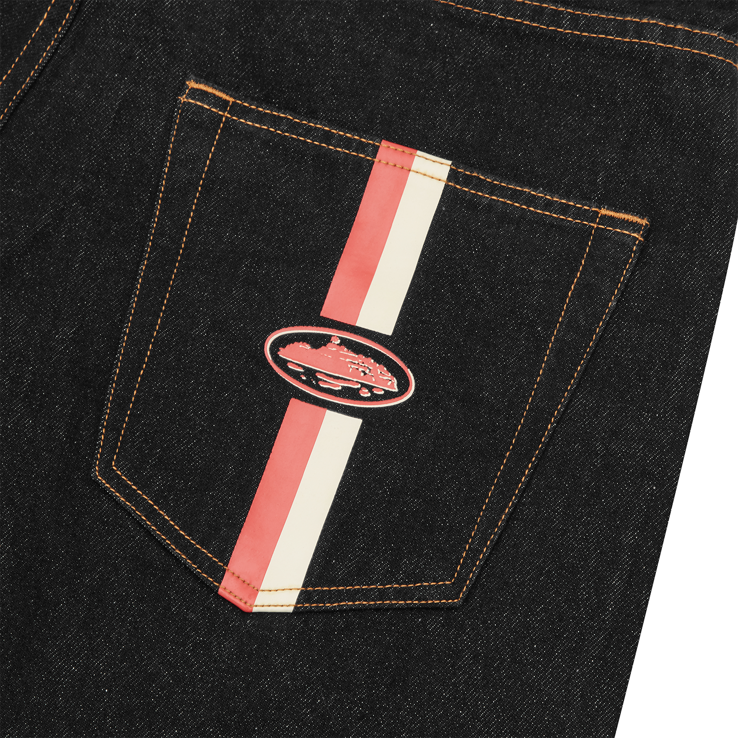 Corteiz Black Cotton Denim Shorts, Washed Black, close-up of leather patch and coin pocket detail