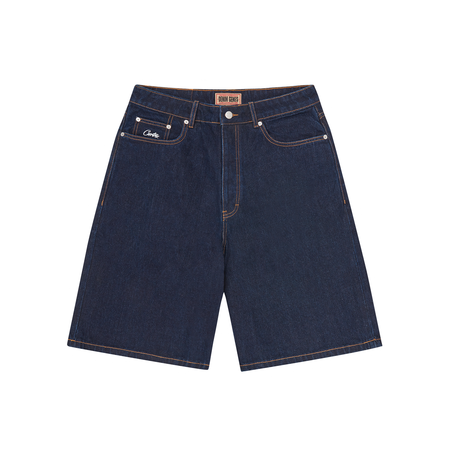 Corteiz Blue Cotton Denim Shorts, Washed Indigo, back view showing dual stripe Alcatraz screen print on rear pocket