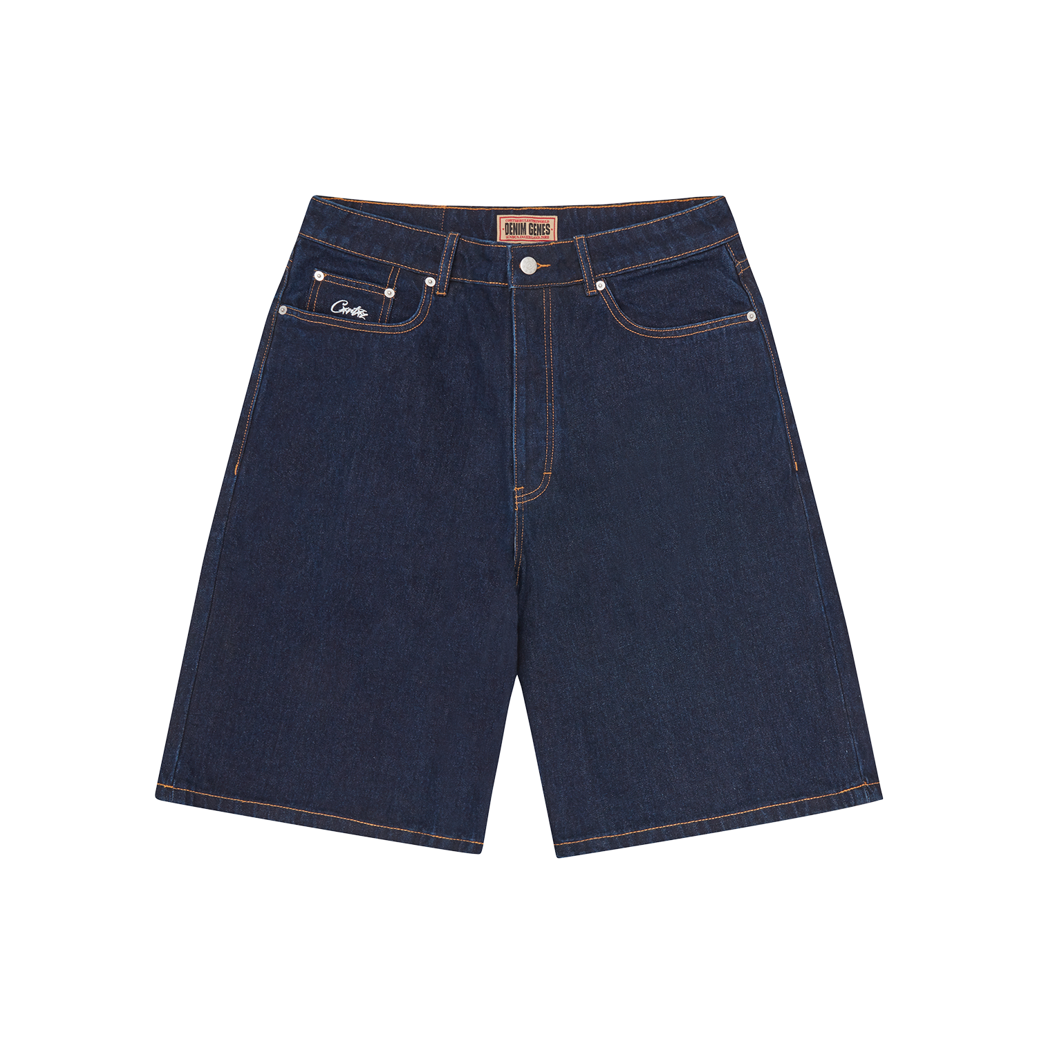 Corteiz Blue Cotton Denim Shorts, Washed Indigo, back view showing dual stripe Alcatraz screen print on rear pocket