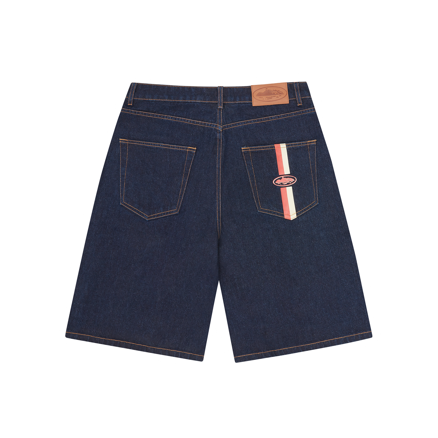 Corteiz Blue Cotton Denim Shorts, Washed Indigo, front view showing straight leg fit and denim wash
