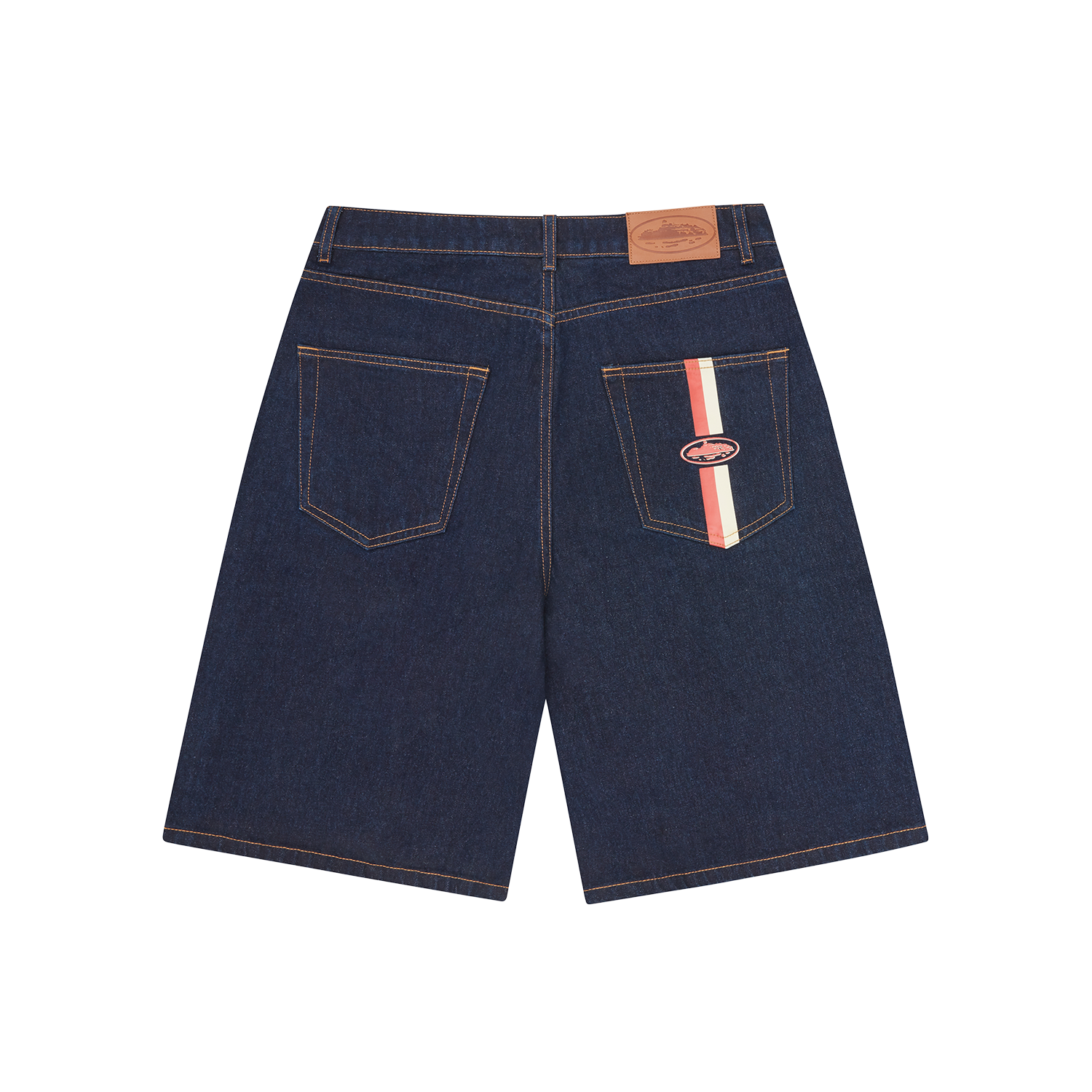 Corteiz Blue Cotton Denim Shorts, Washed Indigo, front view showing straight leg fit and denim wash