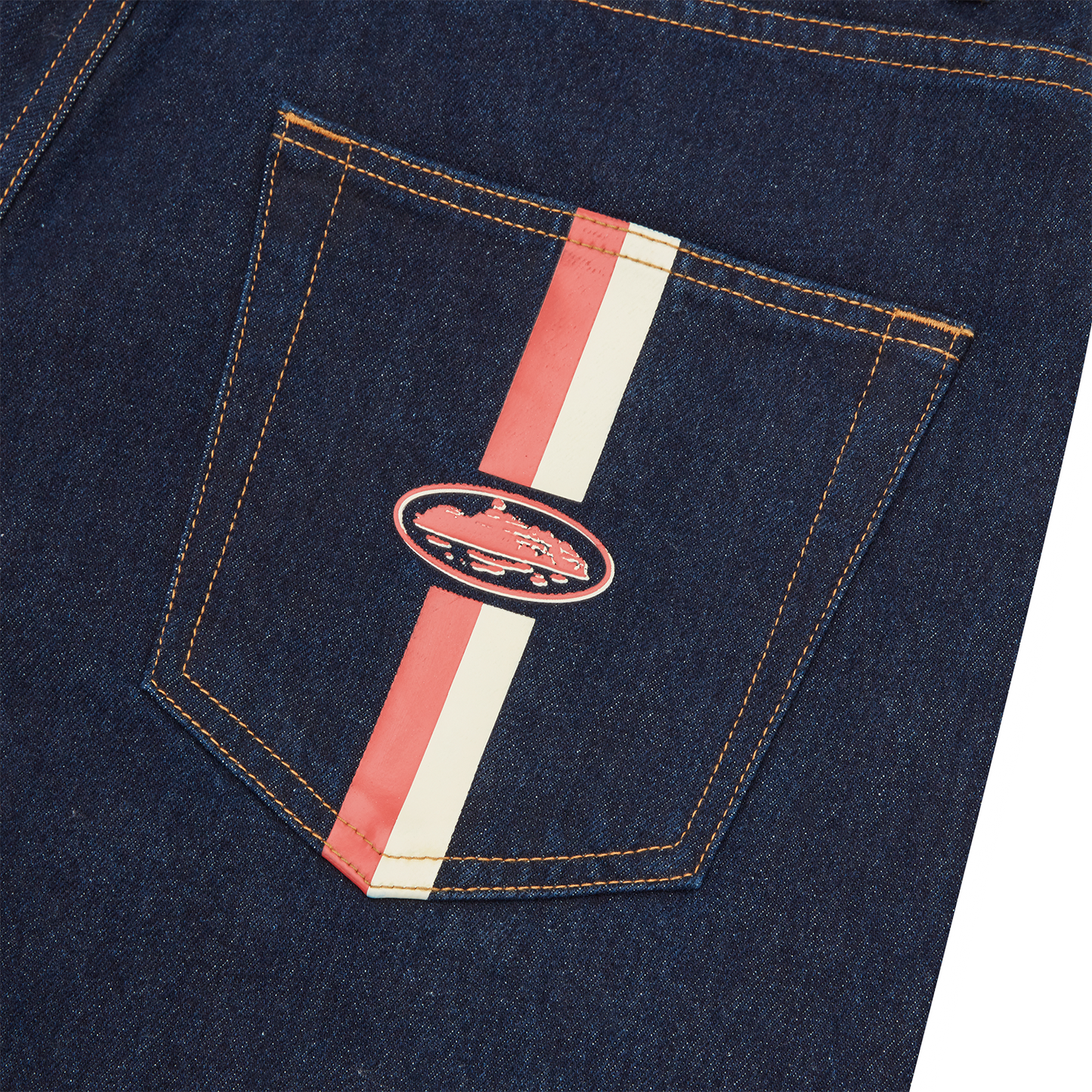 Corteiz Blue Cotton Denim Shorts, Washed Indigo, close-up of leather patch and coin pocket detail