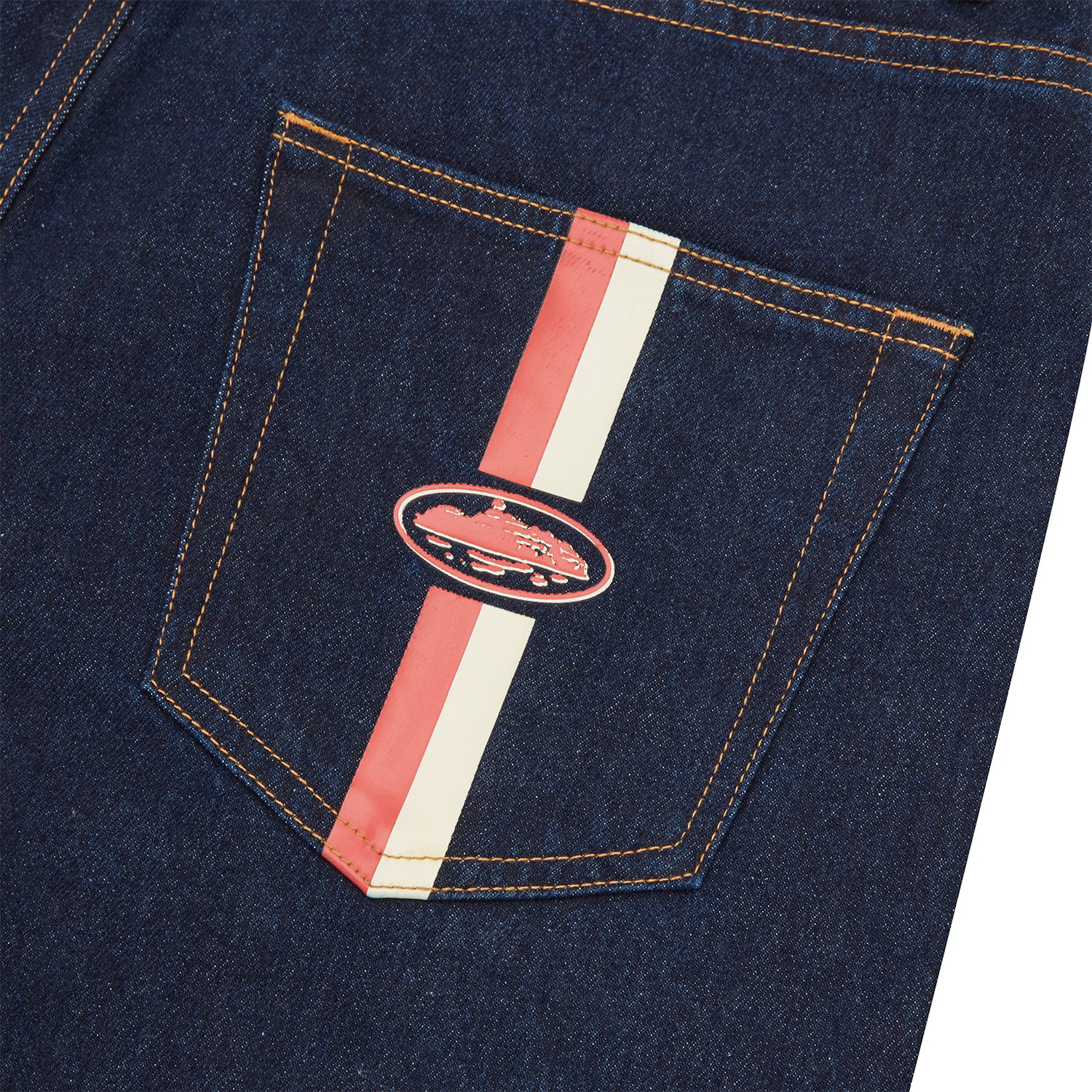 Corteiz Blue Cotton Denim Shorts, Washed Indigo, close-up of leather patch and coin pocket detail