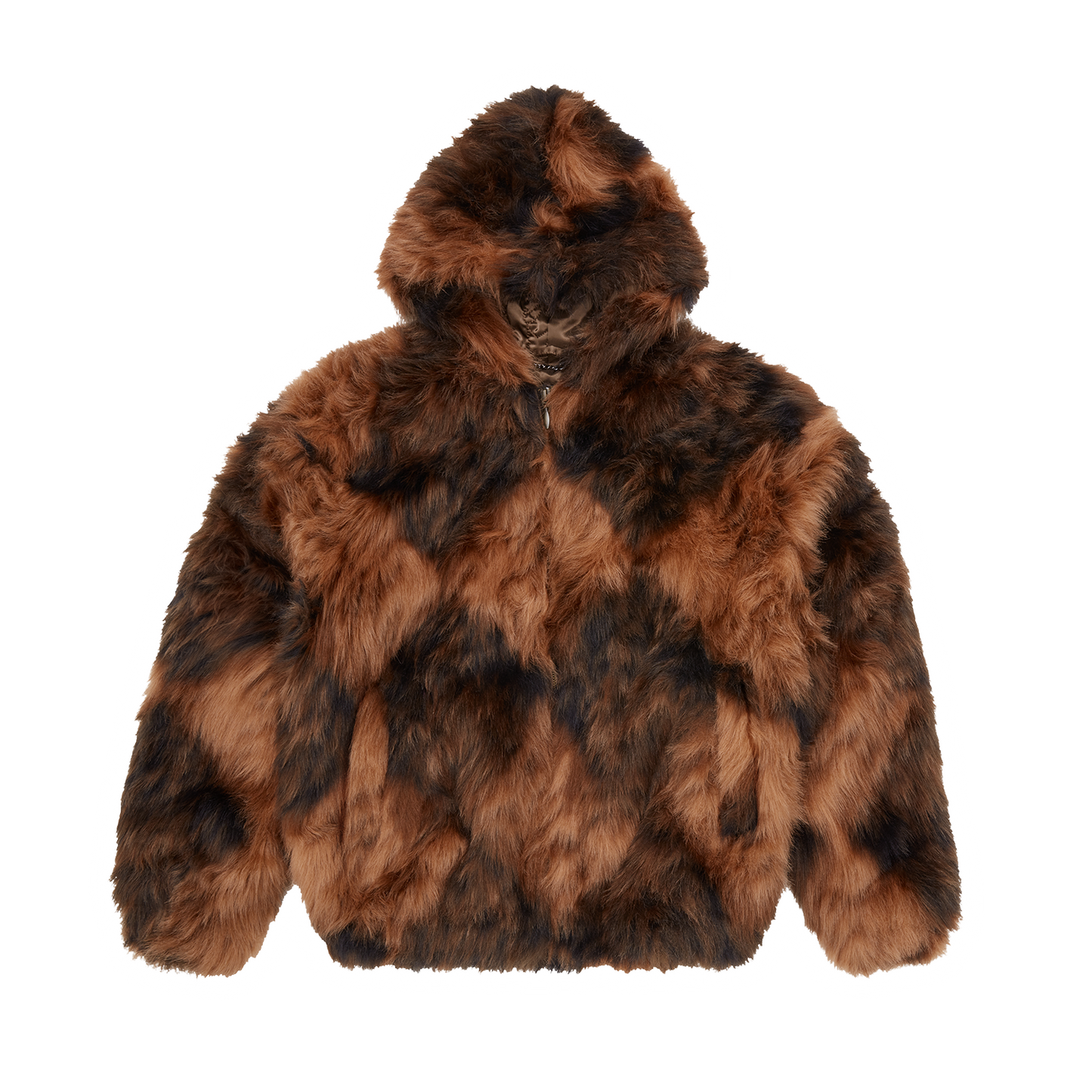 Corteiz Brown Faux Fur Diamond Hooded Jacket, front view showing faux fur outer and hood