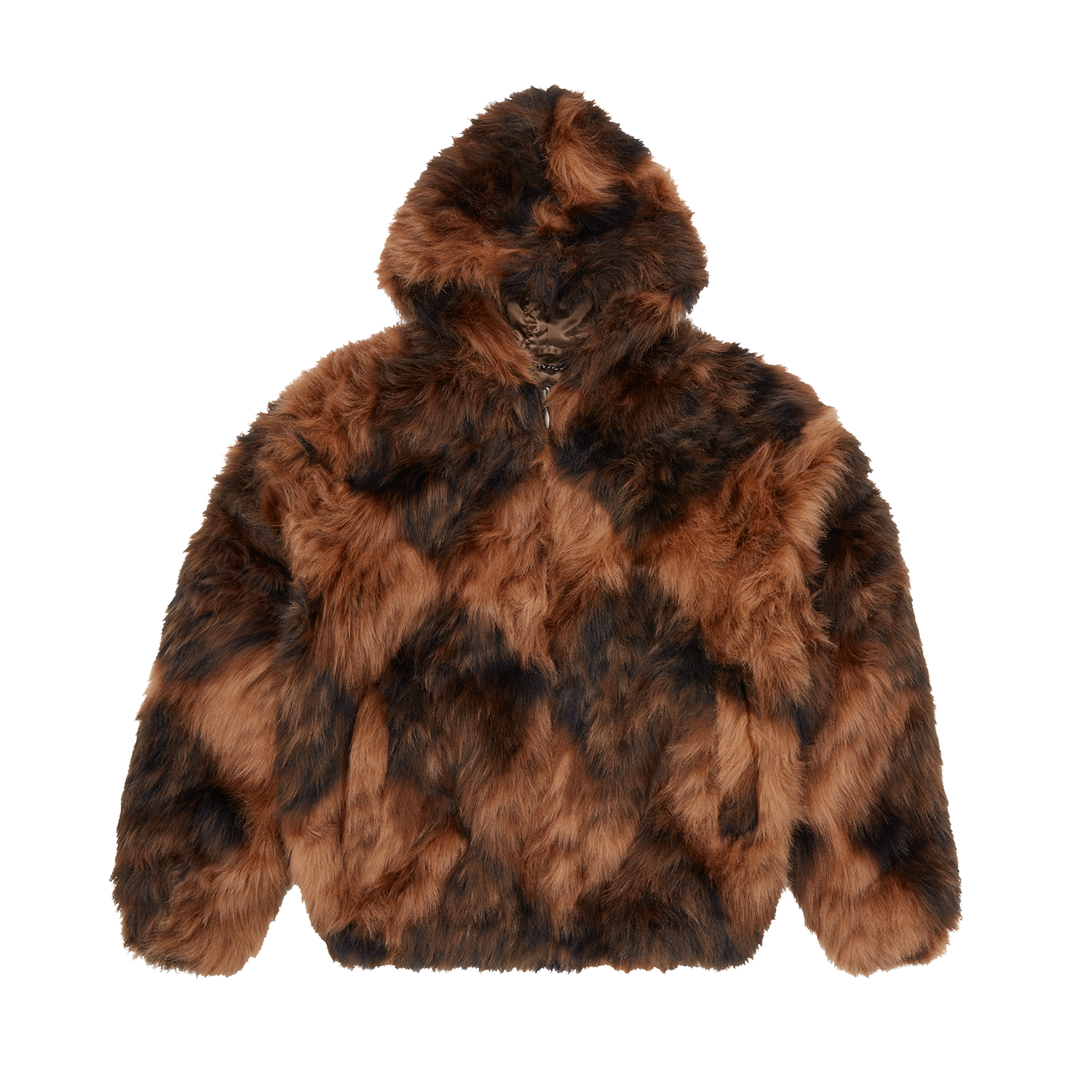 Corteiz Brown Faux Fur Diamond Hooded Jacket, front view showing faux fur outer and hood