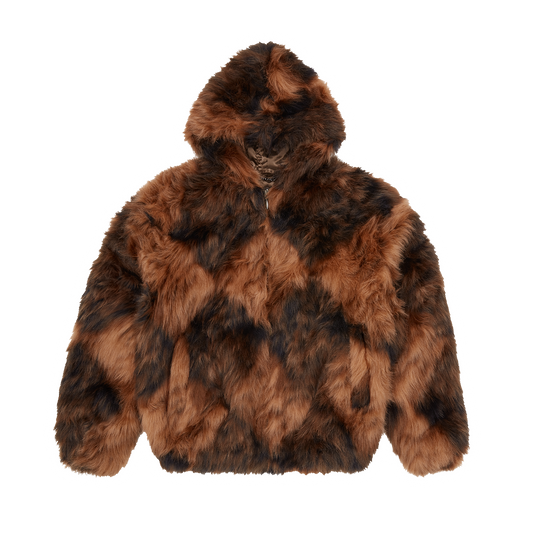 Corteiz Brown Faux Fur Diamond Hooded Jacket, front view showing faux fur outer and hood