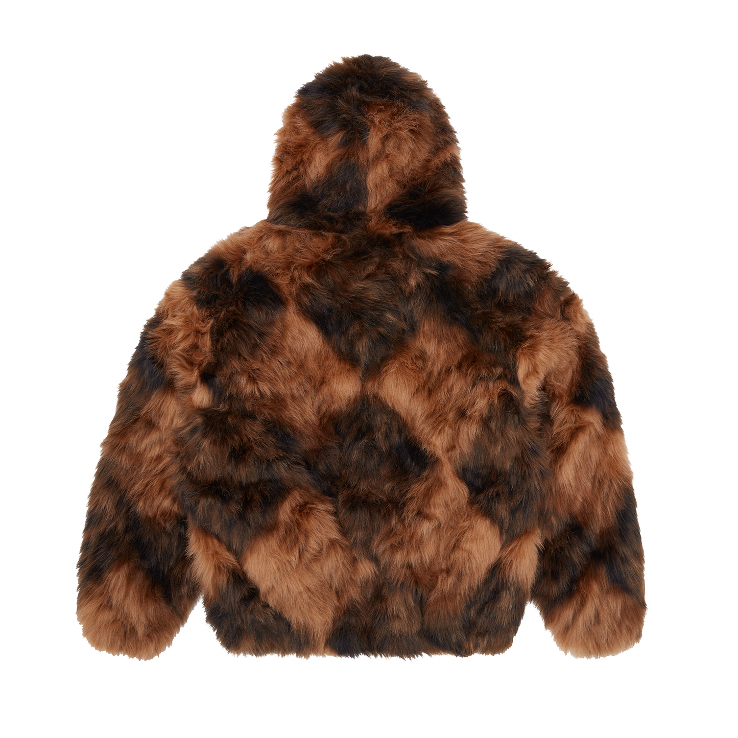 Corteiz Brown Faux Fur Diamond Hooded Jacket, back view showing quilted diamond pattern