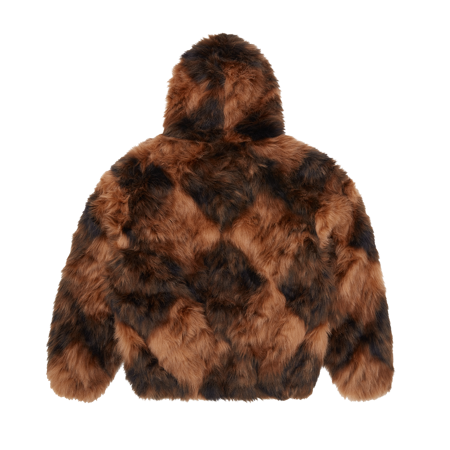 Corteiz Brown Faux Fur Diamond Hooded Jacket, back view showing quilted diamond pattern