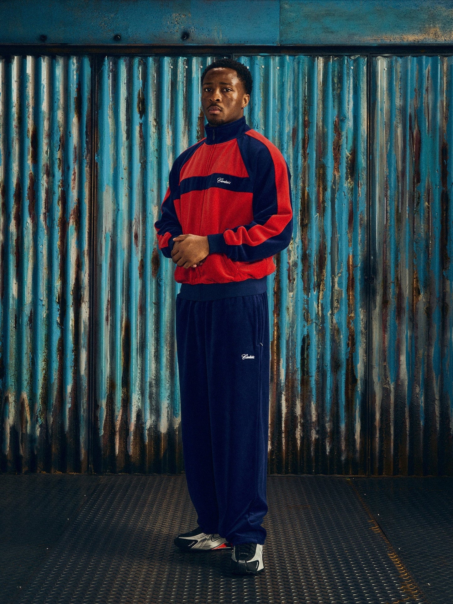 Corteiz Blue Cotton Velour Pista Track Jacket, Navy/Red, close-up of VVS monogram satin lining