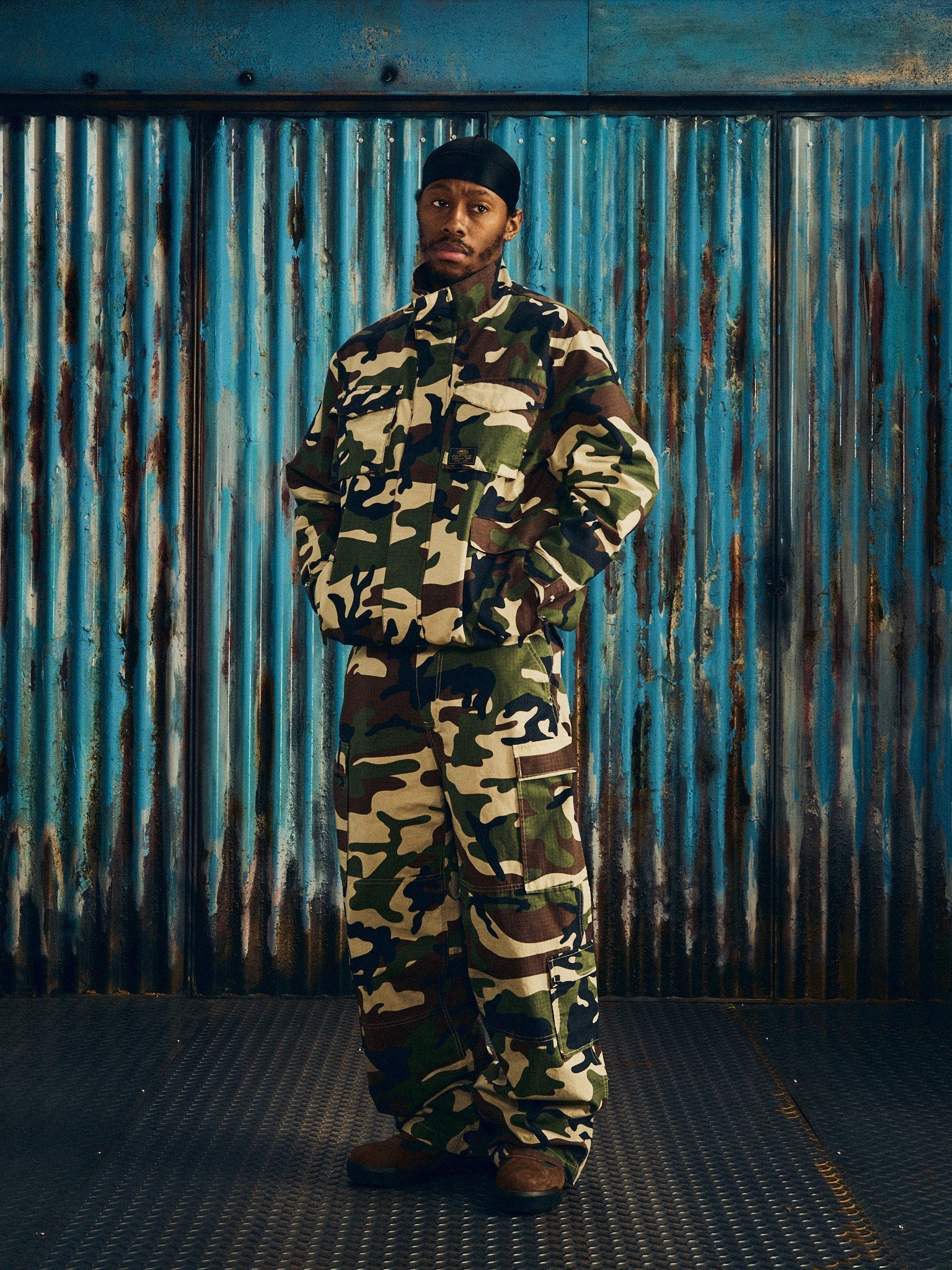 Corteiz Green Cotton Ripstop Guerillaz Field Jacket, Woodland Camo, close-up of chest zipper entry pocket