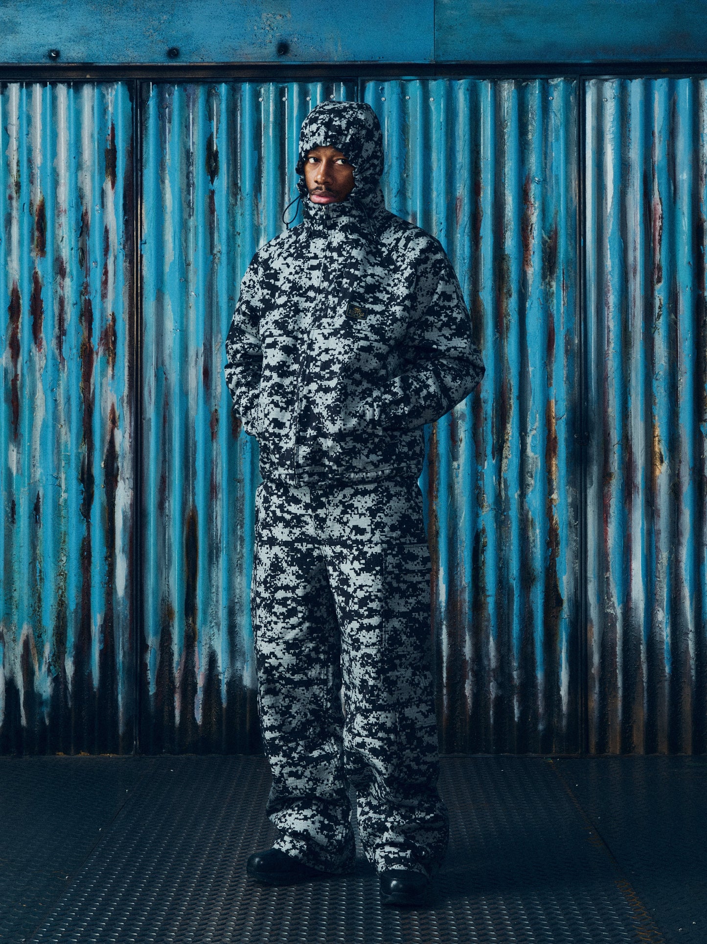 Corteiz Grey Ripstop Guerillaz Jacket, Reflective Camo, close-up of side pocket and Alcatraz branding