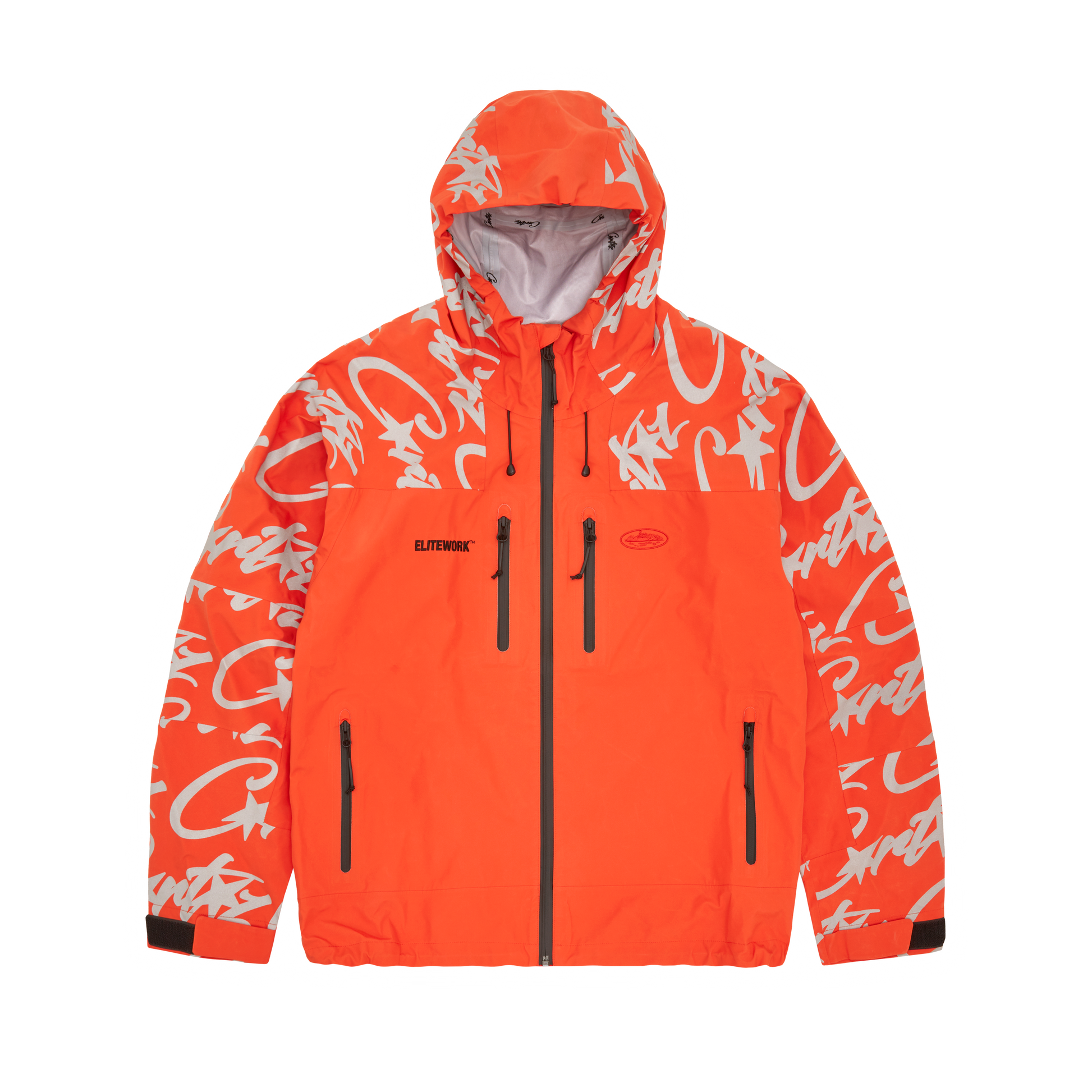 Corteiz Orange Nylon Elitework Waterproof Shell Jacket, front view showing 2-layer waterproof shell and chest embroidery