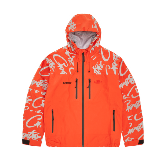 Corteiz Orange Nylon Elitework Waterproof Shell Jacket, front view showing 2-layer waterproof shell and chest embroidery