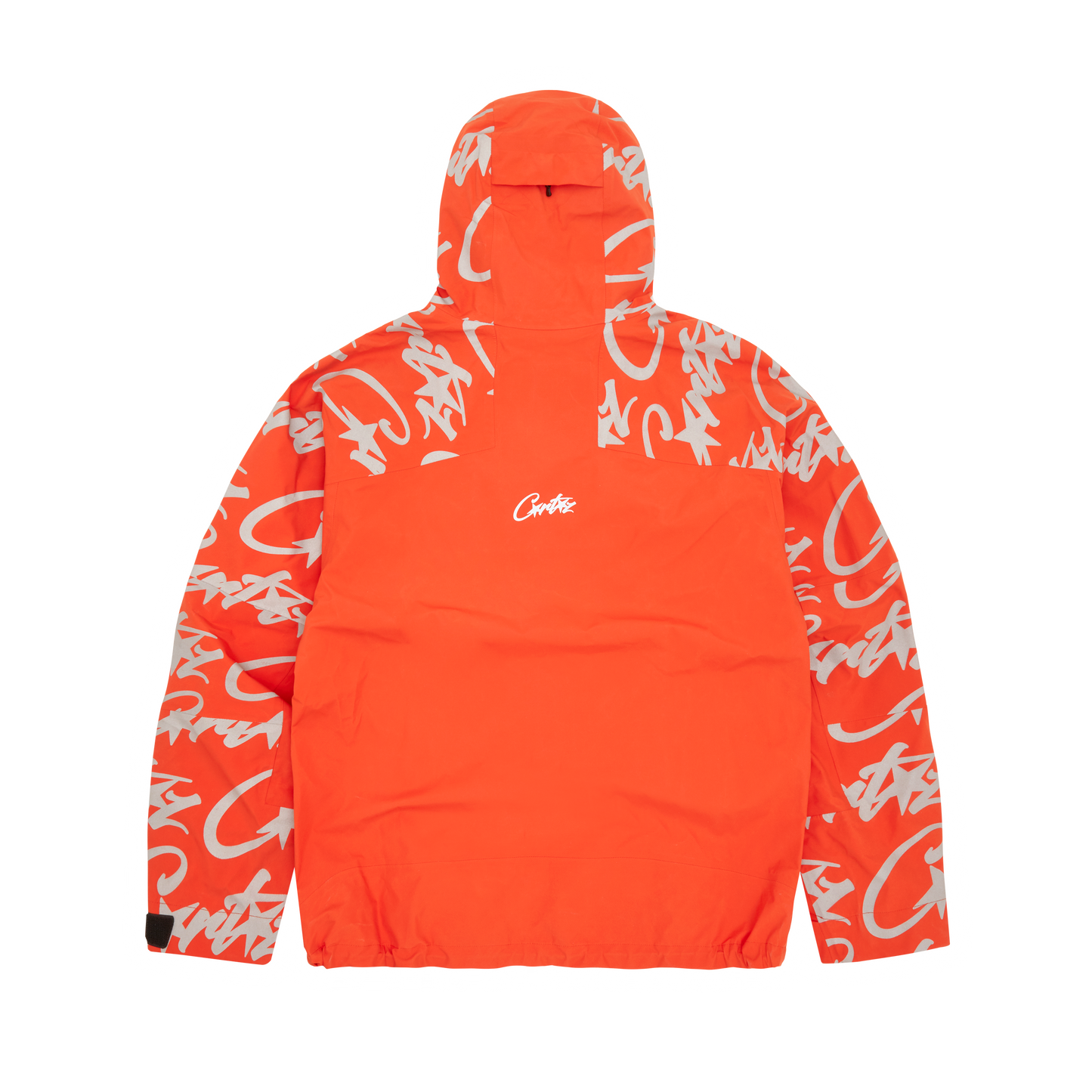 Corteiz Orange Nylon Elitework Waterproof Shell Jacket, back view showing reflective Allstarz branding
