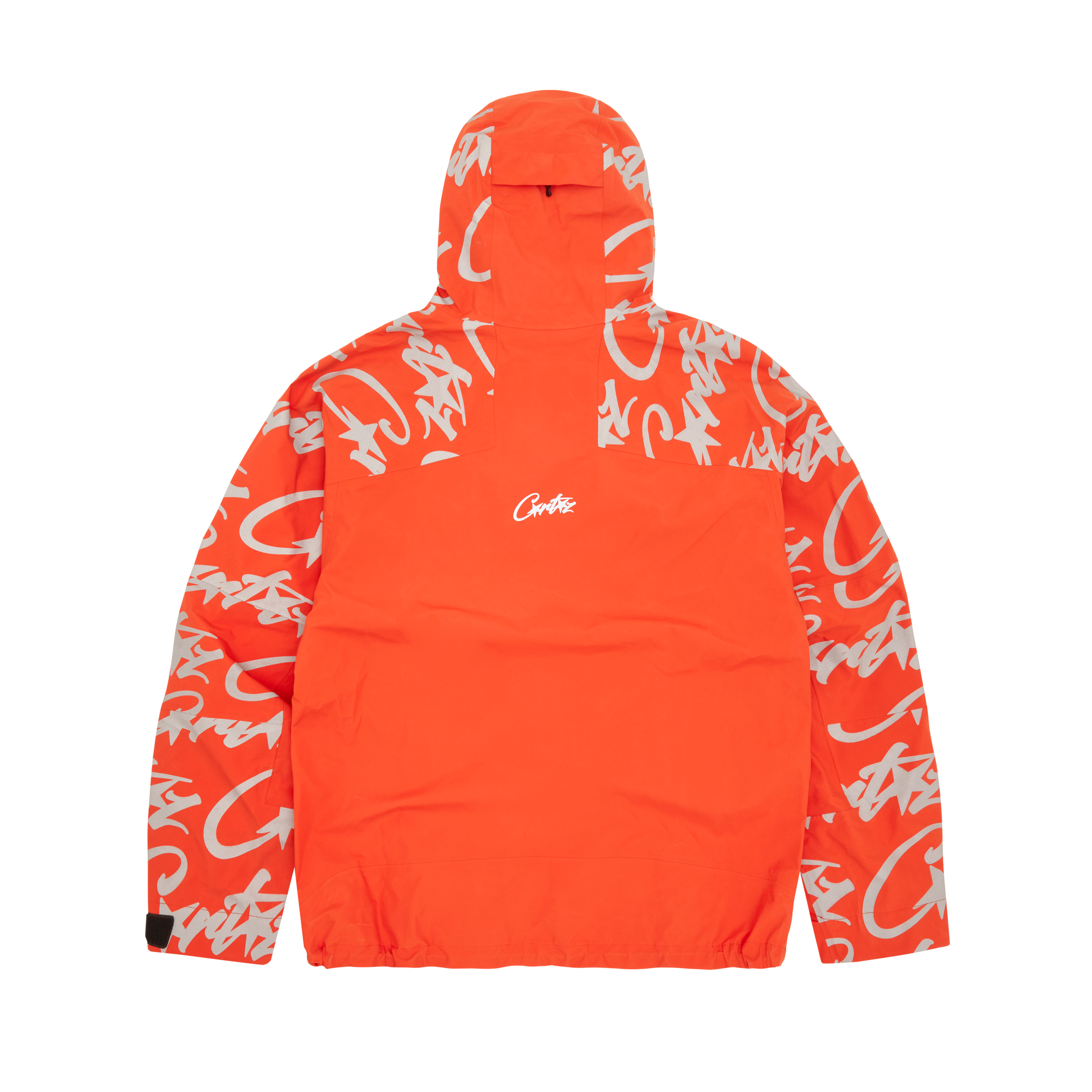 Corteiz Orange Nylon Elitework Waterproof Shell Jacket, back view showing reflective Allstarz branding