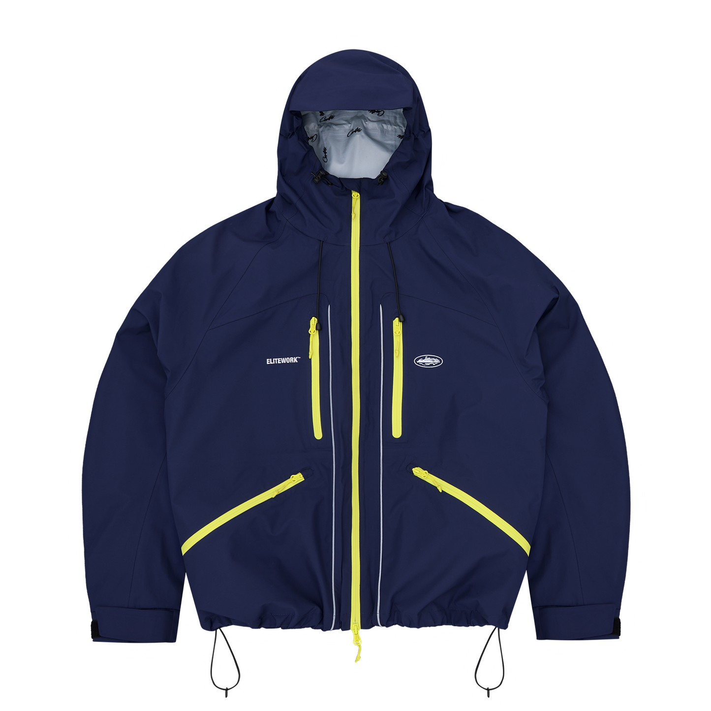 Corteiz Blue Nylon Elitework Apex Shell Jacket, Navy, front view showing Elitework and Alcatraz chest embroidery