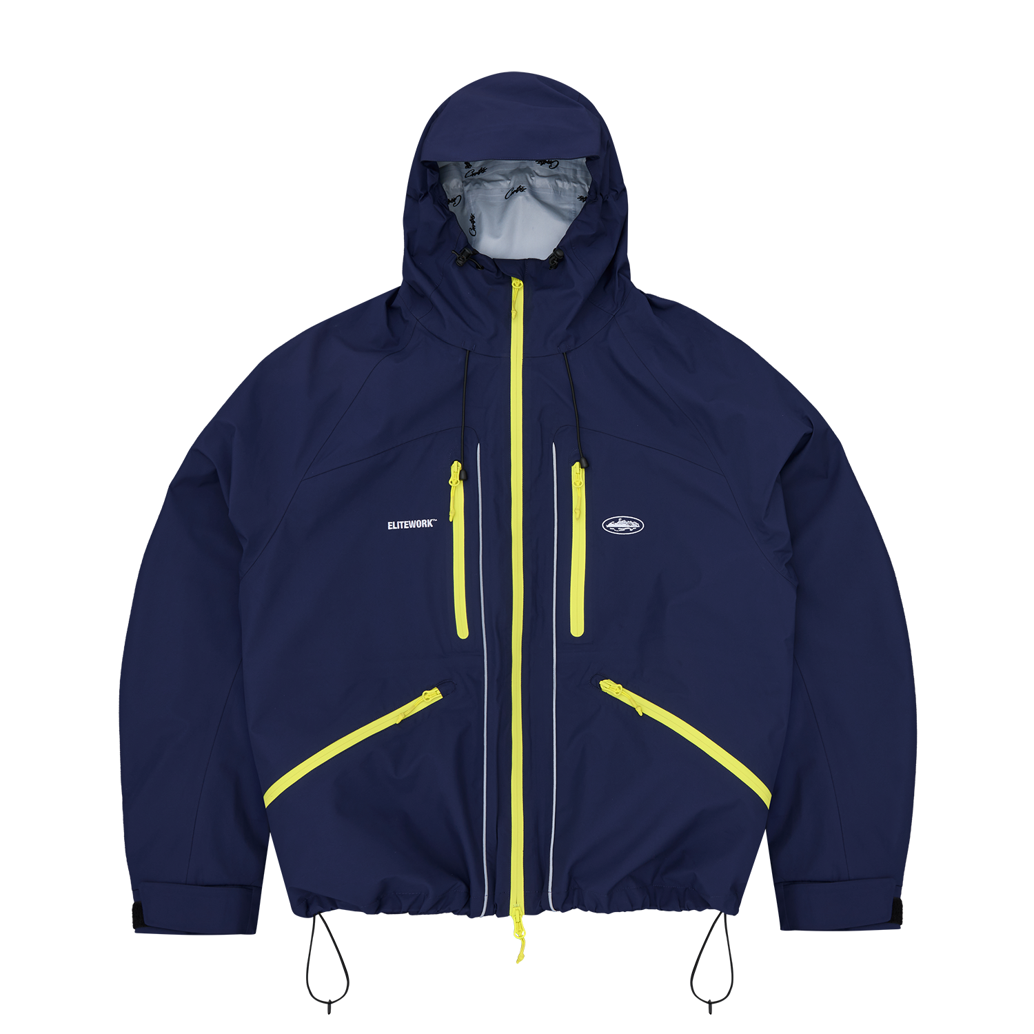 Corteiz Blue Nylon Elitework Apex Shell Jacket, Navy, front view showing Elitework and Alcatraz chest embroidery