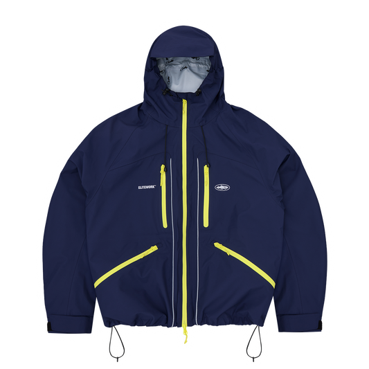 Corteiz Blue Nylon Elitework Apex Shell Jacket, Navy, front view showing Elitework and Alcatraz chest embroidery