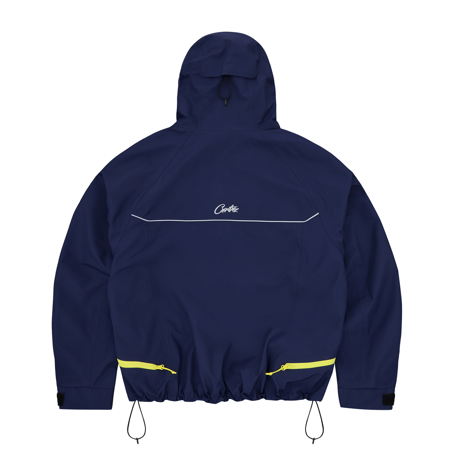 Corteiz Blue Nylon Elitework Apex Shell Jacket, Navy, back view showing sealed seam construction
