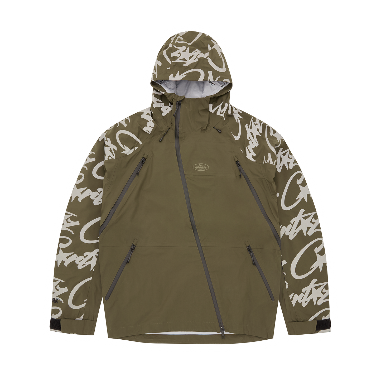 Corteiz Brown Nylon Elitework Waterproof Shell Jacket V2, Khaki, front view showing sealed seam construction