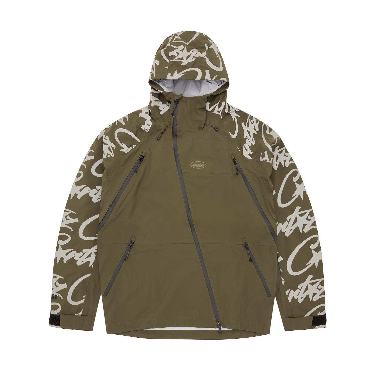 Corteiz Brown Nylon Elitework Waterproof Shell Jacket V2, Khaki, front view showing sealed seam construction