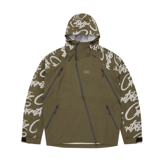Corteiz Brown Nylon Elitework Waterproof Shell Jacket V2, Khaki, front view showing sealed seam construction