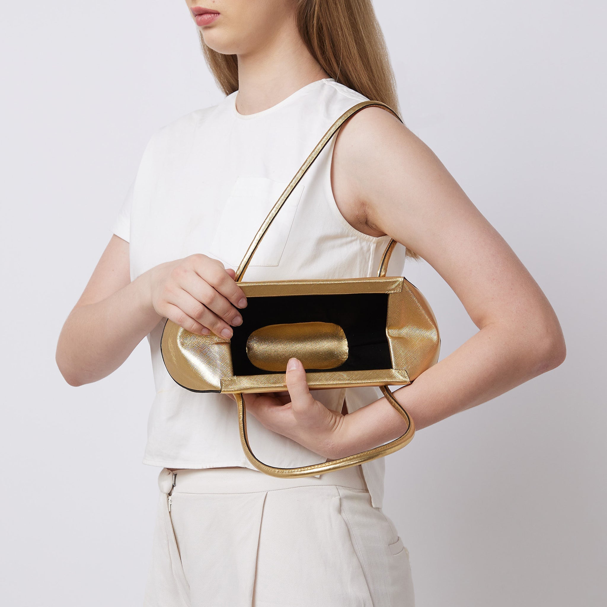 Bag It Elizabeth Mini Saffiano Leather Baguette Bag – Gold
