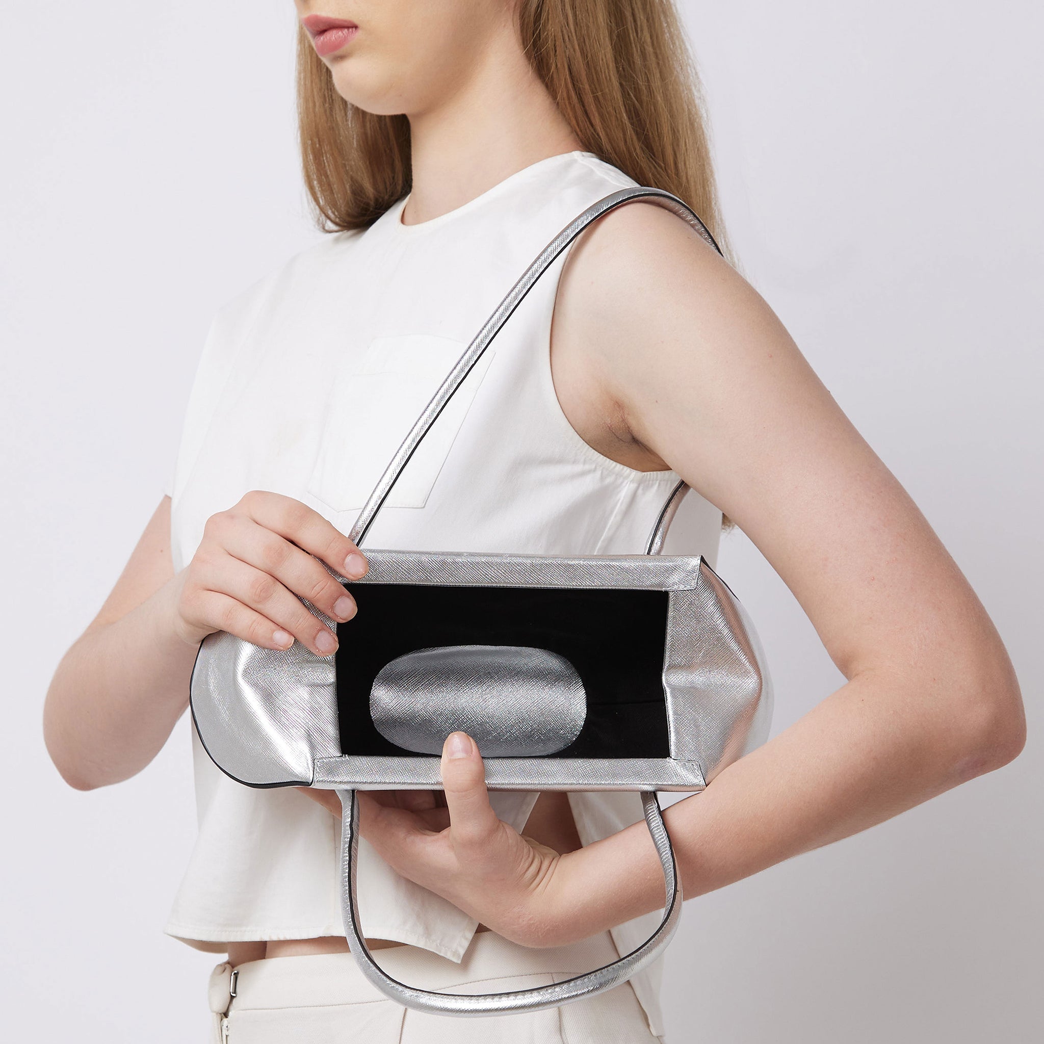 Bag It Elizabeth Mini Saffiano Leather Baguette Bag – Silver