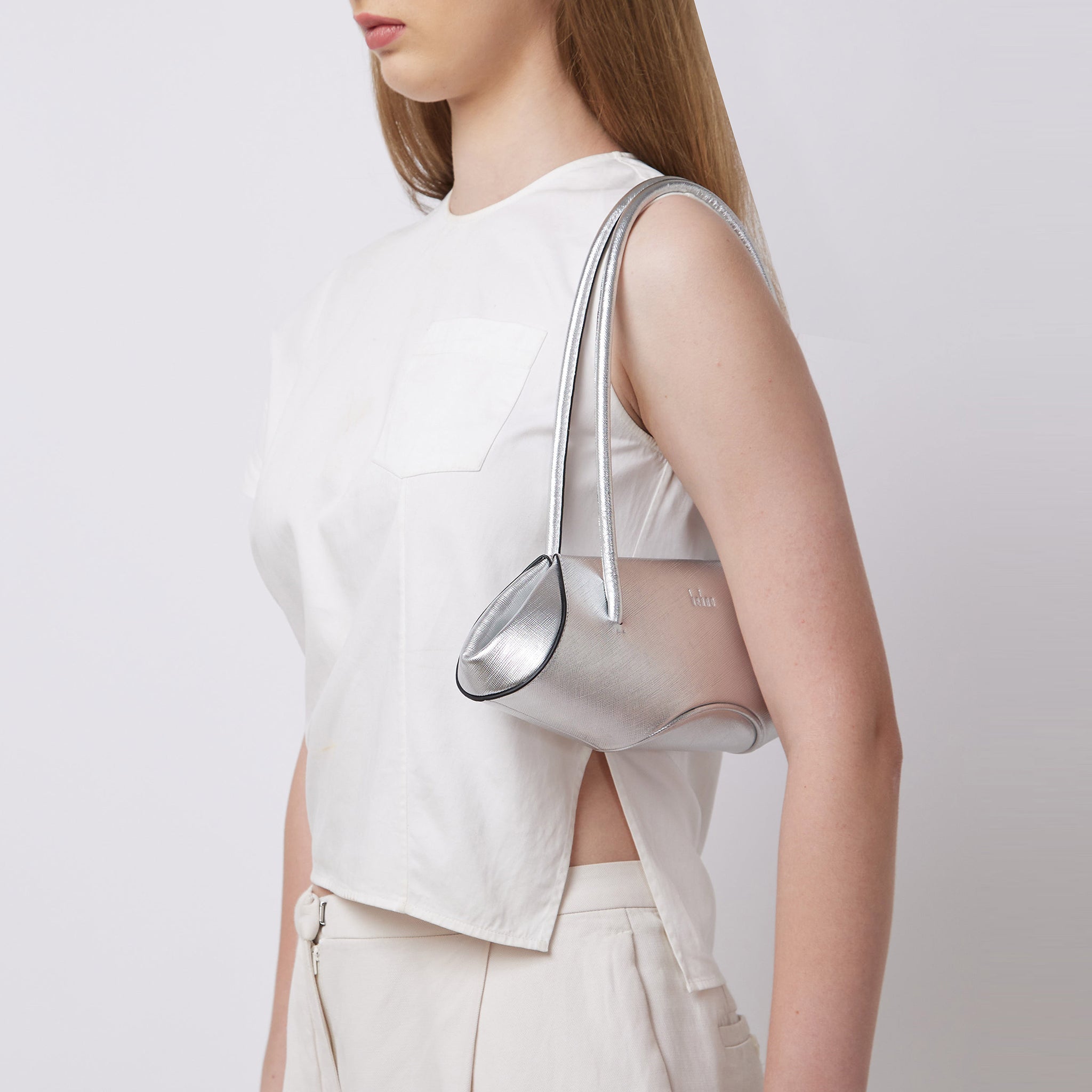 Bag It Elizabeth Mini Saffiano Leather Baguette Bag – Silver